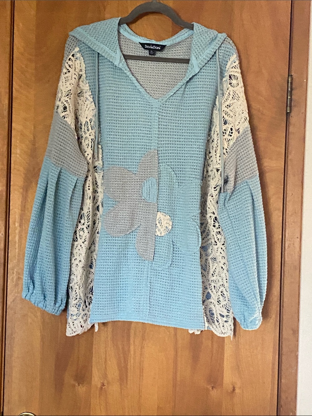 DAVI & DANI Light Blue Crochet Hoodie with Cream Lace Panels